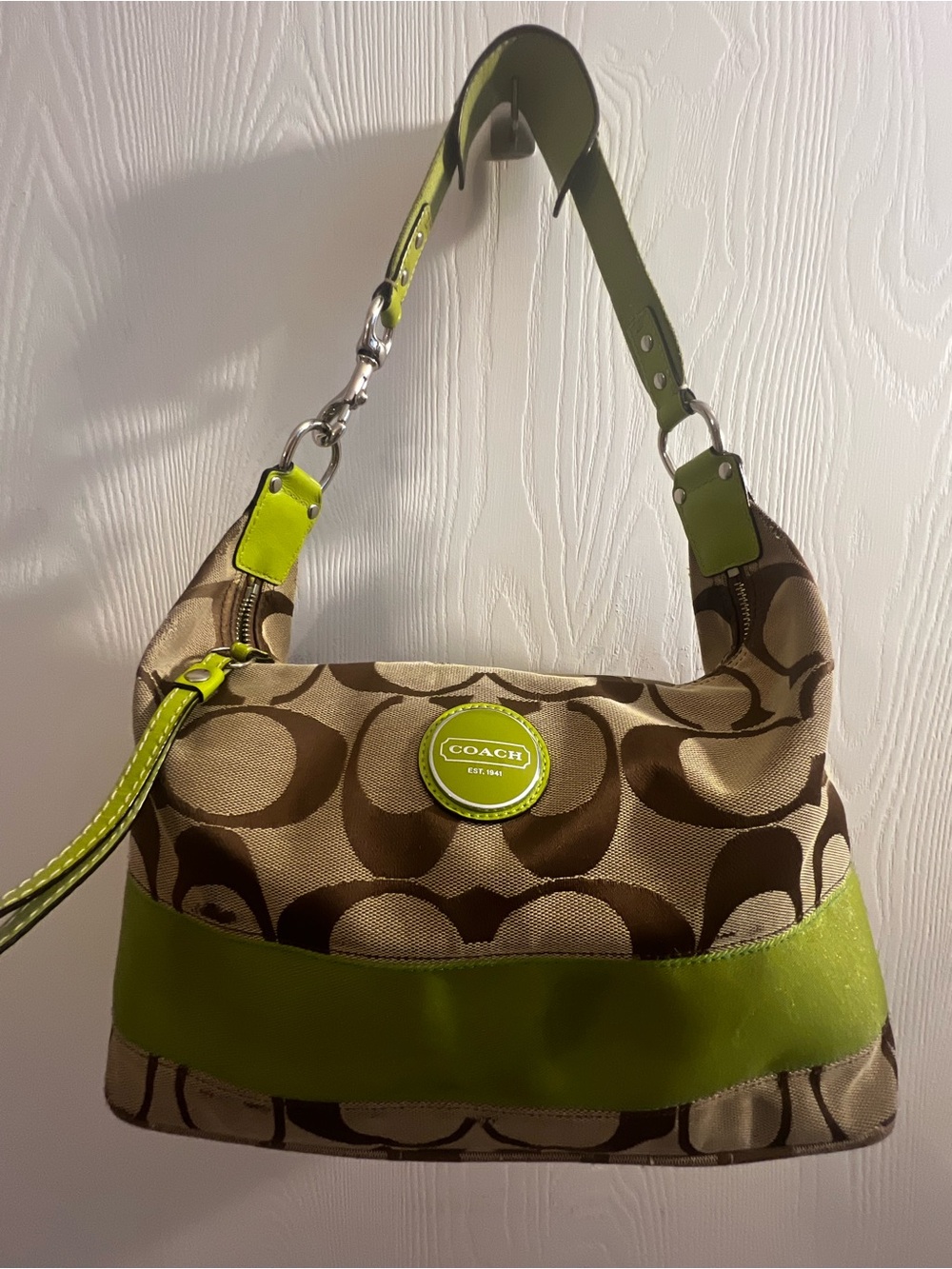 Coach Brown Signature Canvas Hobo Shoulder Bag with Apple Lime Accents 16.67